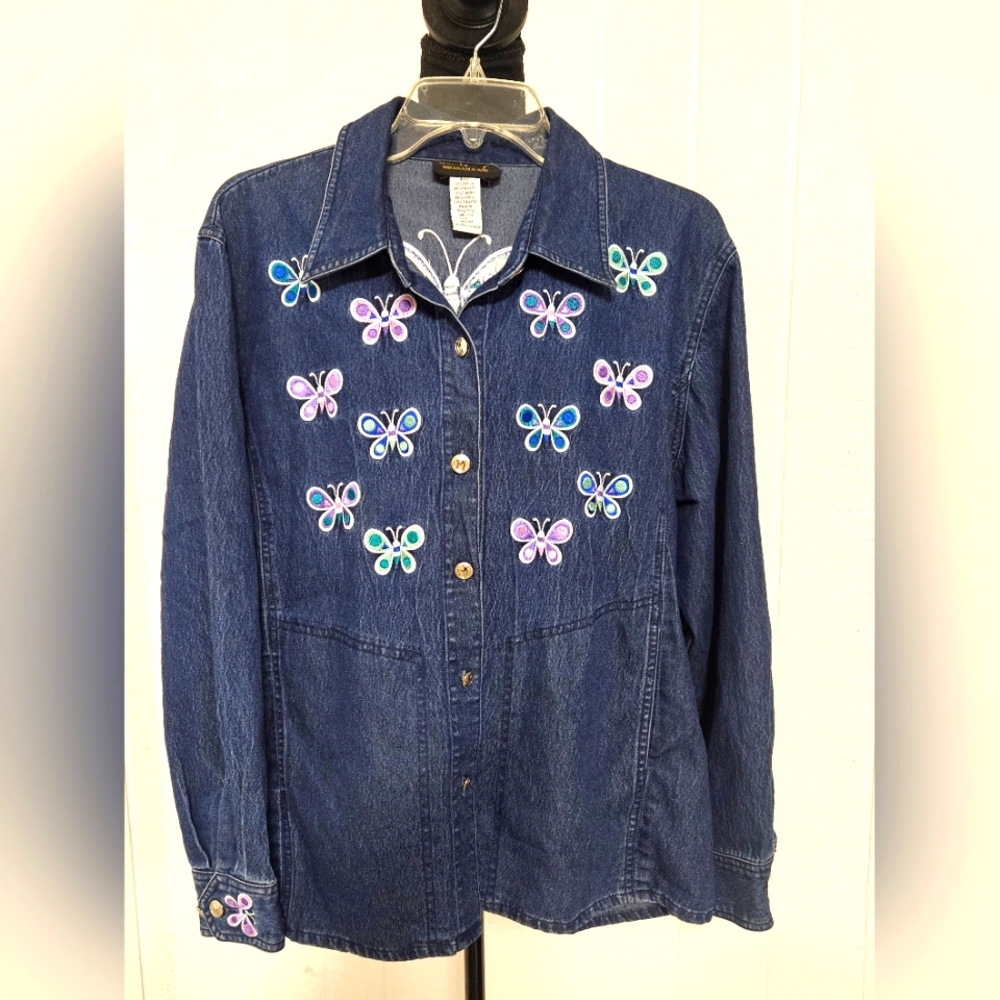 Bob Mackie Wearable Art Denim Top Size Large